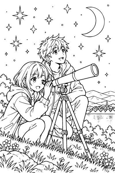 Anime Friends Watching The Stars Coloring Page, Anime coloring page