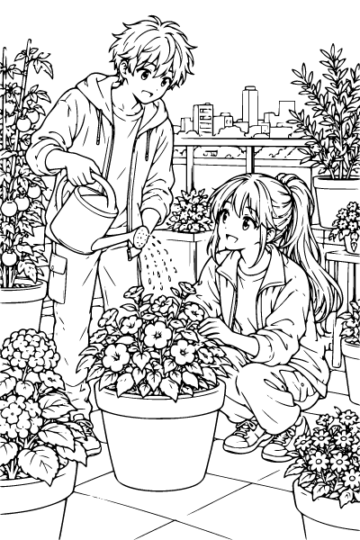 Anime Friends At A Rooftop Garden Coloring Page, Anime coloring page