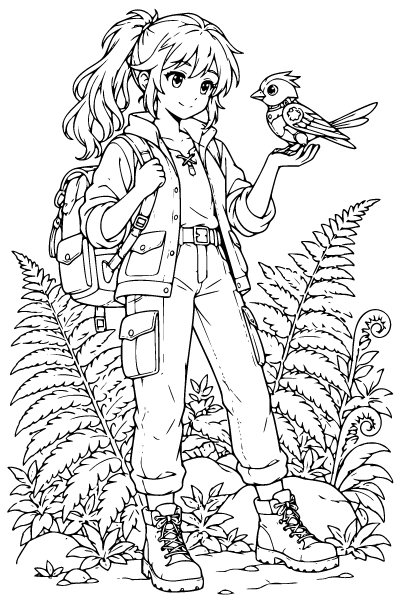 Anime Explorer With A Mechanical Bird Coloring Page, Anime coloring page