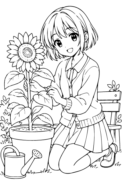 Anime Girl In A Sunflower Garden Coloring Page, Anime Girl coloring page