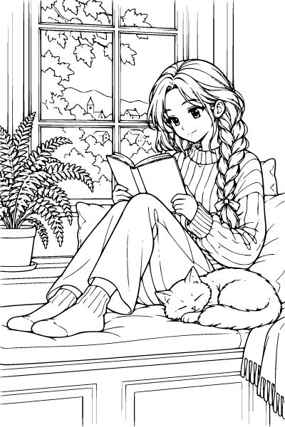 Anime Girl Reading In A Cozy Window Coloring Page, Anime Girl coloring page