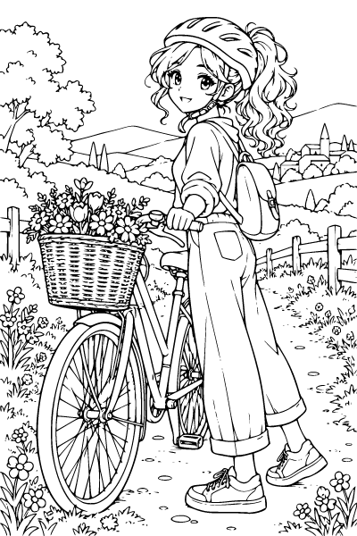Anime Girl On A Bicycle Adventure Coloring Page, Anime Girl coloring page