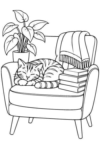 Cat Reading Nook With A Sleeping Tabby Coloring Page, Cat coloring page