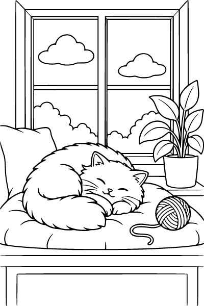 Cat Napping On A Window Seat Coloring Page, Cat coloring page