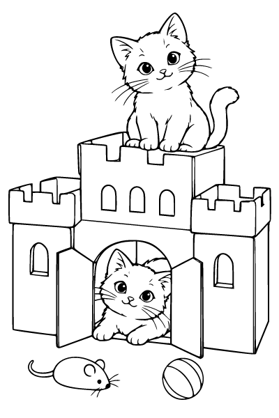 Cat Exploring A Cardboard Castle Coloring Page, Cat coloring page