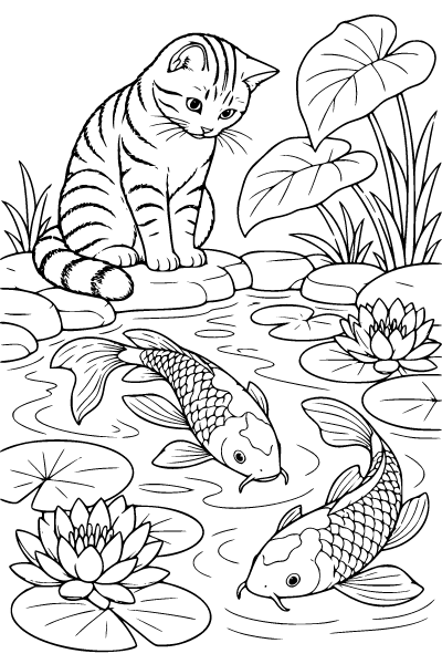 Cat Watching Fish In A Garden Pond Coloring Page, Cat coloring page