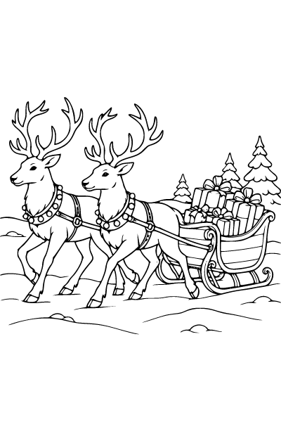 Christmas Reindeer Pulling A Sleigh Coloring Page, Christmas coloring page