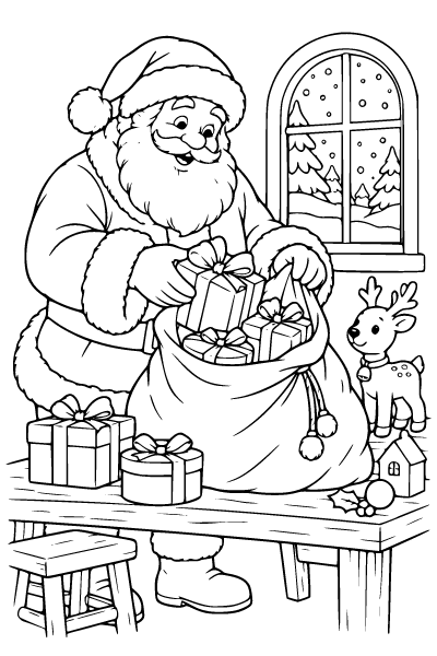 Christmas Santa Packing Gifts Coloring Page, Christmas coloring page