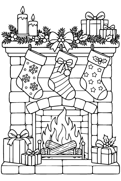 Christmas Stockings By The Fireplace Coloring Page, Christmas coloring page