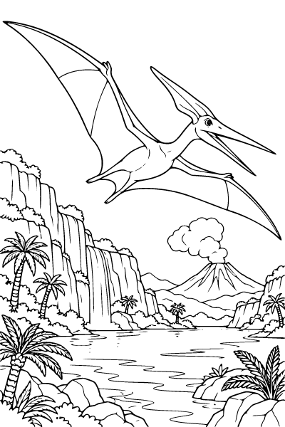 Prehistoric Pteranodon Above A Lagoon Coloring Page, Dinosaur coloring page