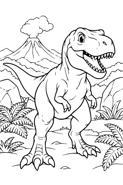 Dinosaur T Rex In A Prehistoric Valley Coloring Page, Dinosaur coloring page
