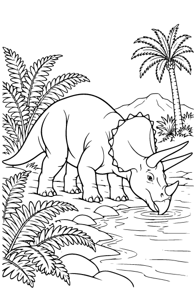Dinosaur Triceratops Beside A River Coloring Page, Dinosaur coloring page