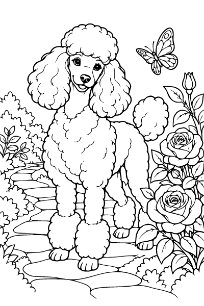 Dog Poodle In A Flower Garden Coloring Page, Dog coloring page