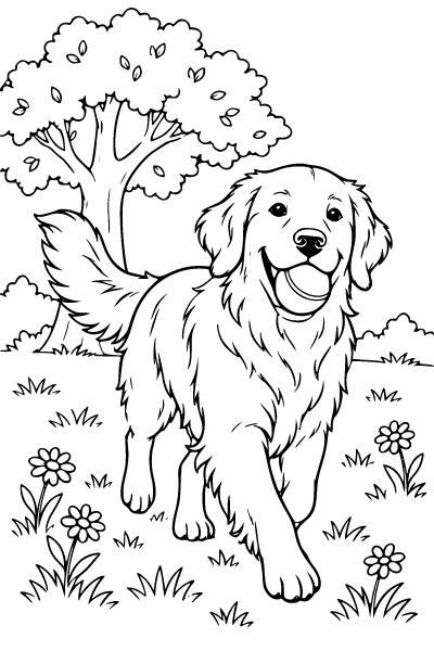 Dog Golden Retriever Playing Fetch Coloring Page, Dog coloring page