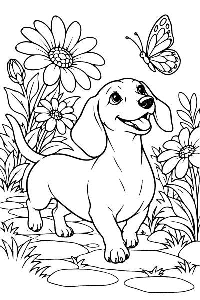 Dog Dachshund On A Garden Walk Coloring Page, Dog coloring page