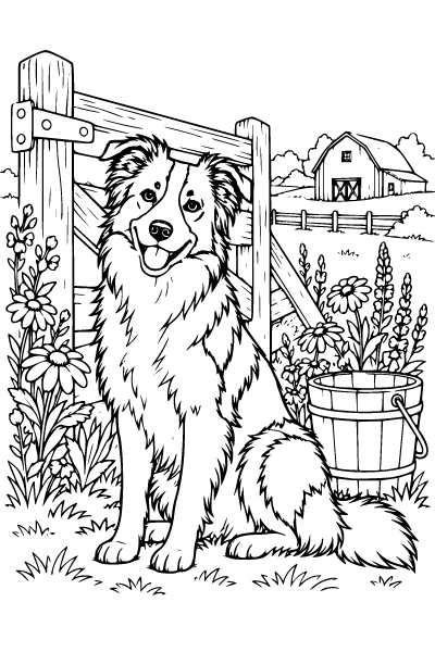Dog Border Collie At A Farm Gate Coloring Page, Dog coloring page