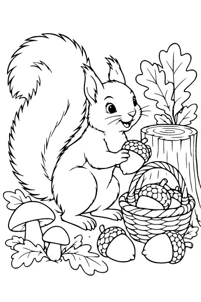 Fall Squirrel Gathering Acorns Coloring Page, Fall coloring page