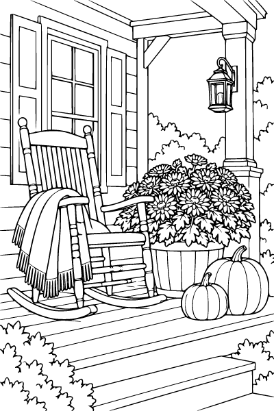 Fall Cozy Porch With Mums And Pumpkins Coloring Page, Fall coloring page