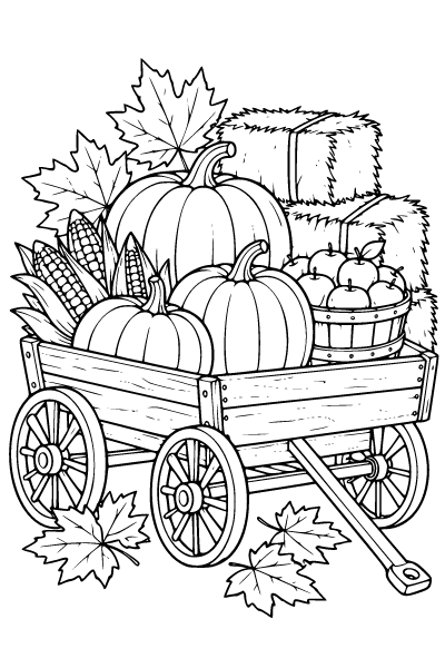 Fall Harvest Wagon With Pumpkins Coloring Page, Fall coloring page