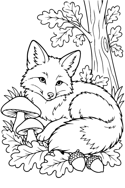 Fall Fox In An Autumn Forest Coloring Page, Fall coloring page