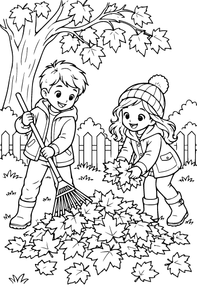Fall Children Playing In Leaves Coloring Page, Fall coloring page