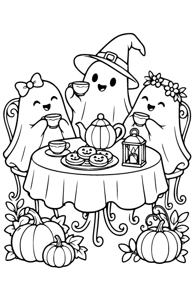 Halloween Ghosts Having A Tea Party Coloring Page, Halloween coloring page