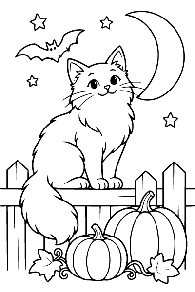 Halloween Black Cat And Moon Coloring Page, Halloween coloring page