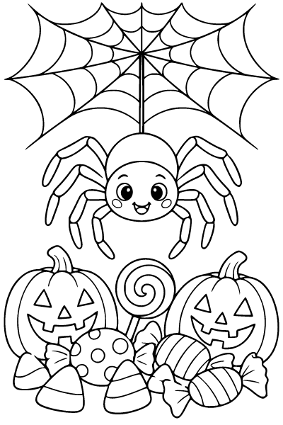 Halloween Spider In A Candy Garden Coloring Page, Halloween coloring page