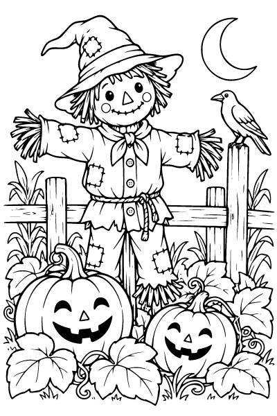 Halloween Scarecrow In A Pumpkin Patch Coloring Page, Halloween coloring page