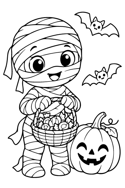 Halloween Mummy With A Candy Basket Coloring Page, Halloween coloring page