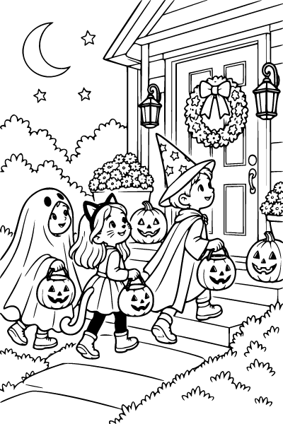 Halloween Trick Or Treat Adventure Coloring Page, Halloween coloring page