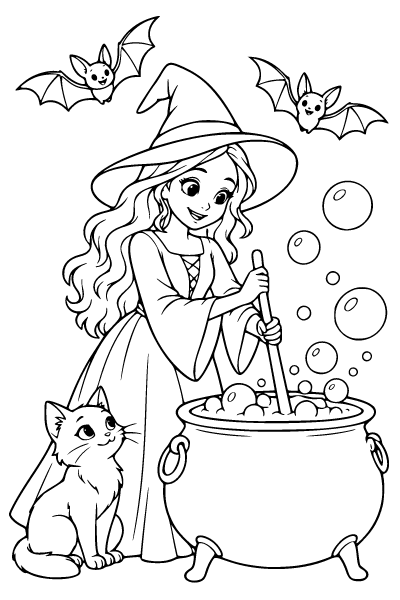 Halloween Witch With A Friendly Cat Coloring Page, Halloween coloring page