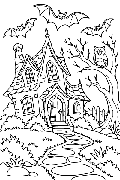 Halloween Bats At A Haunted Cottage Coloring Page, Halloween coloring page