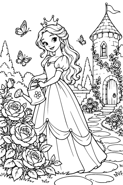 Princess In A Flower Garden Coloring Page, Princess coloring page
