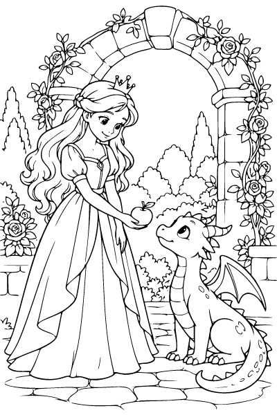 Princess And A Gentle Dragon Coloring Page, Princess coloring page