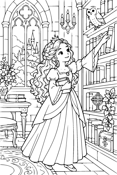 Princess Exploring The Royal Library Coloring Page, Princess coloring page