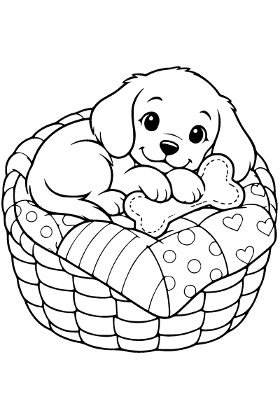 Cozy Puppy In A Basket Coloring Page, Puppy coloring page