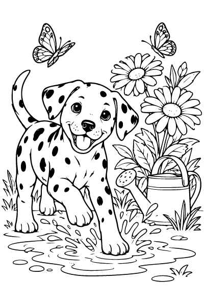 Puppy Splashing In A Garden Puddle Coloring Page, Puppy coloring page