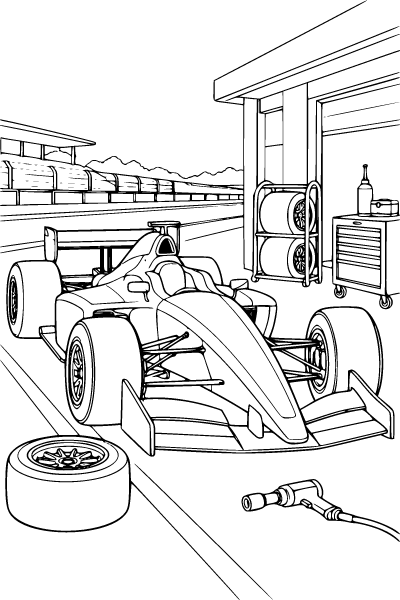 Race Car In The Pit Lane Coloring Page, Race Car coloring page