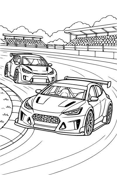 Race Cars On A Winding Track Coloring Page, Race Car coloring page