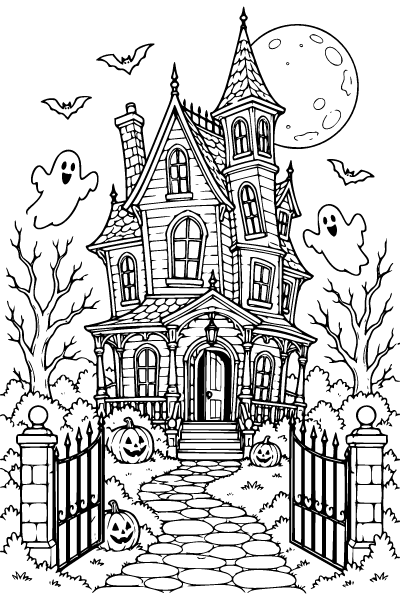 Haunted House Scary Halloween Coloring Page, Scary Halloween coloring page