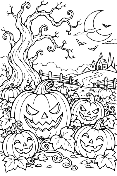 Scary Halloween Haunted Pumpkin Garden Coloring Page, Scary Halloween coloring page