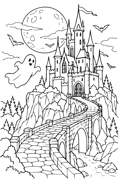 Scary Halloween Castle On The Hill Coloring Page, Scary Halloween coloring page