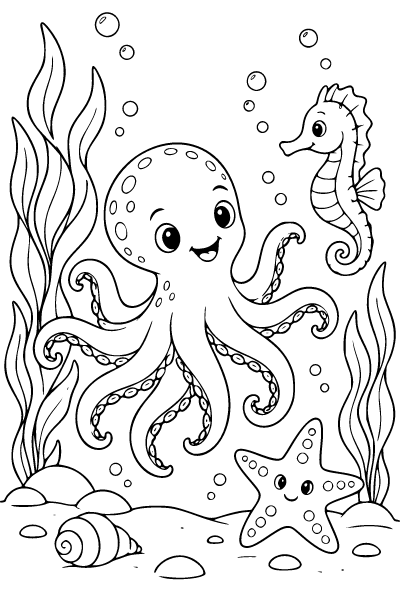 Sea Animals Octopus And Starfish Coloring Page, Sea Animals coloring page