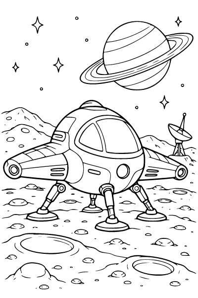 Spaceship Landing On A Moon Coloring Page, Spaceship coloring page