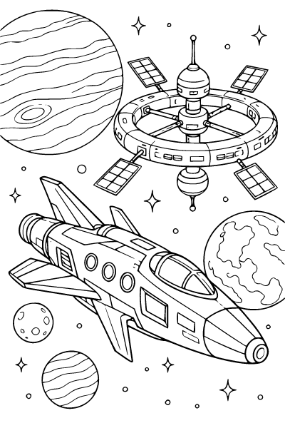 Spaceship Passing A Space Station Coloring Page, Spaceship coloring page