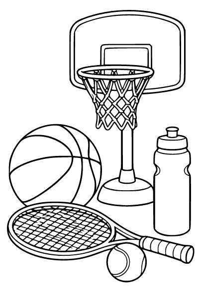 Sports Basketball And Tennis Equipment Coloring Page, Sports coloring page