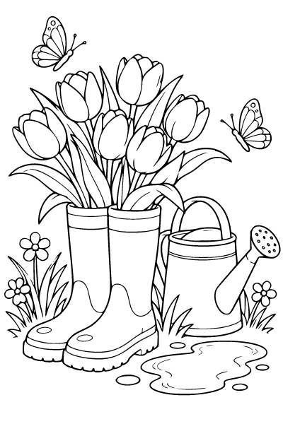 Spring Rain Boots And Tulips Coloring Page, Spring coloring page