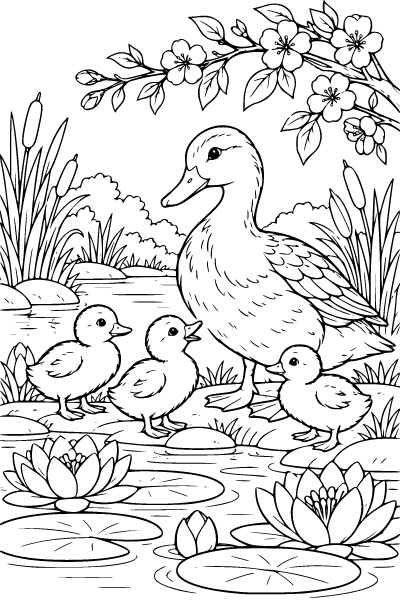 Spring Ducklings Beside A Pond Coloring Page, Spring coloring page