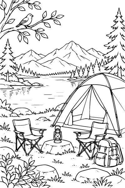 Summer Camping By A Lake Coloring Page, Summer coloring page